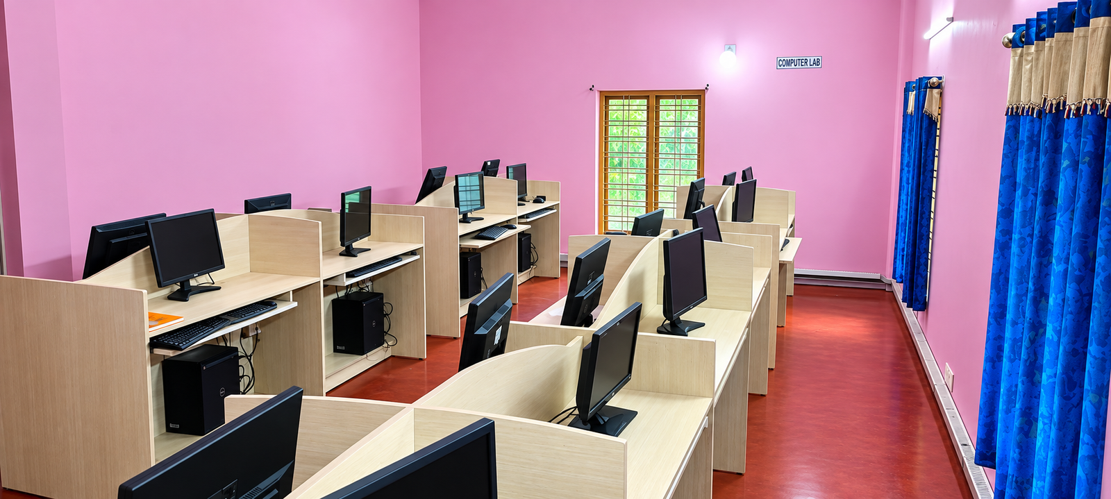 Rows of computer workstations in the lab