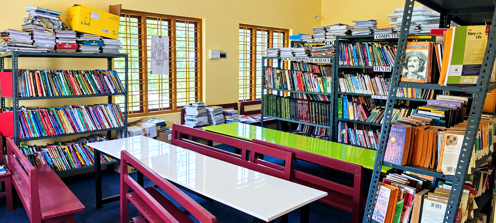 Bookshelves and reading area in the school library